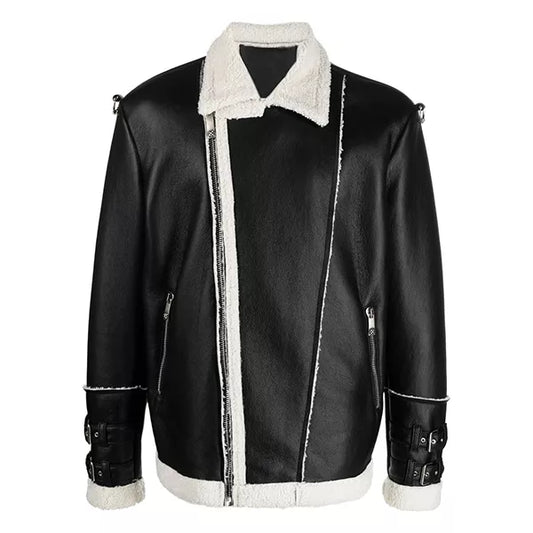 Men Black Shearling Faux Leather Jacket